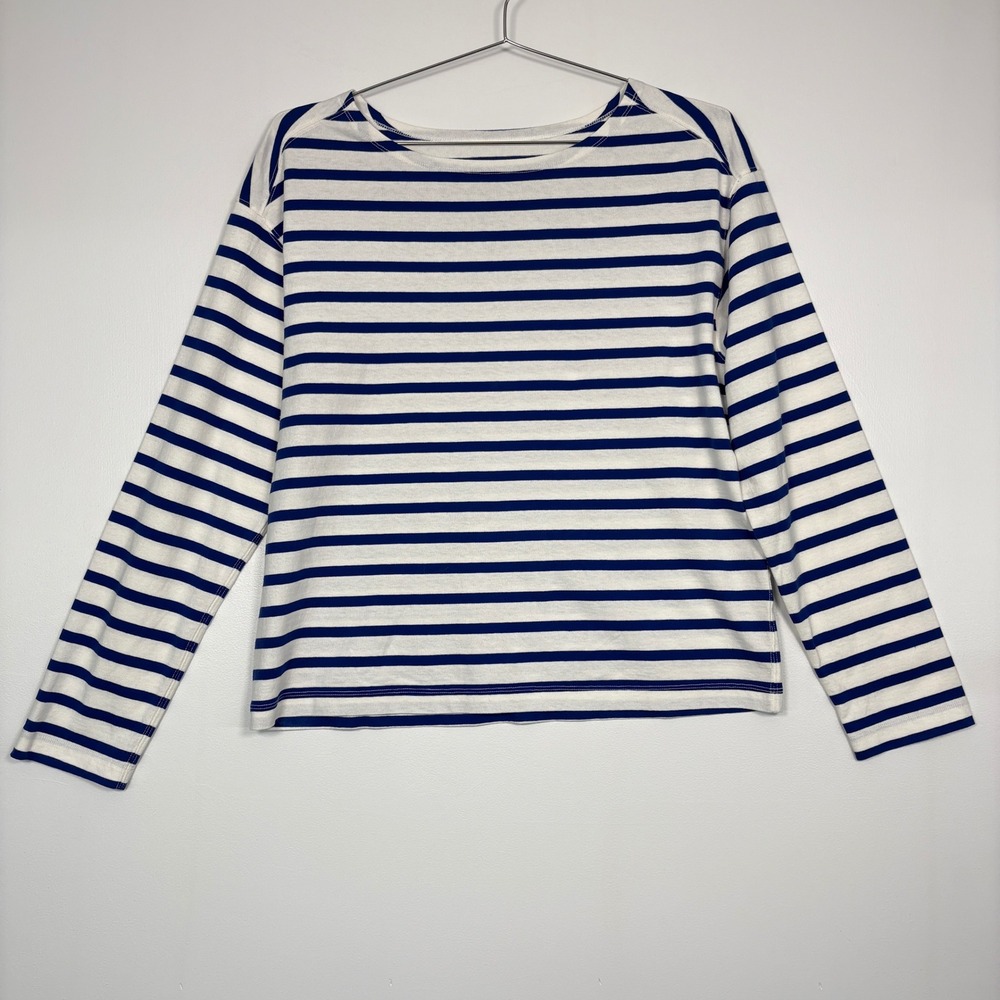 Everlane Women Long Sleeve Shirt sz M Blue White Striped Organic Cotton Boatneck - Picture 1 of 11
